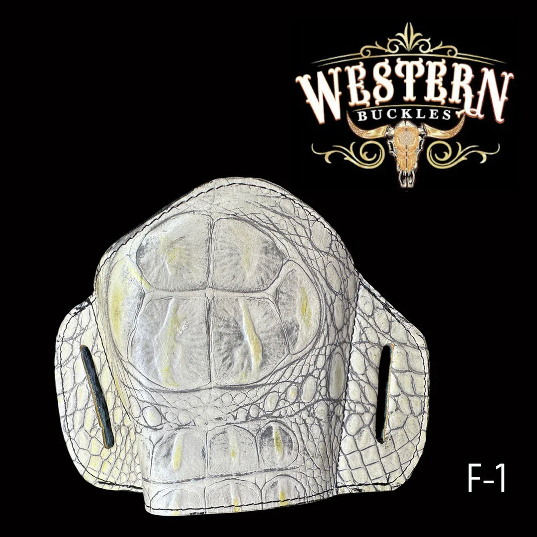 Exotic leather western holster with crocodile pattern, black background, Western Buckles logo