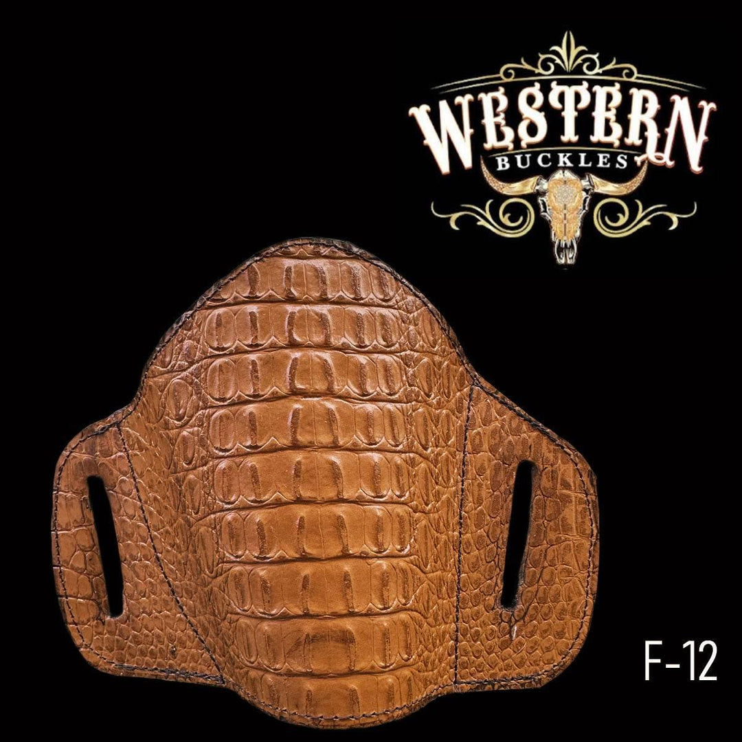 Brown crocodile-pattern leather pistol holster, Western style, with belt slots, F-12 model.