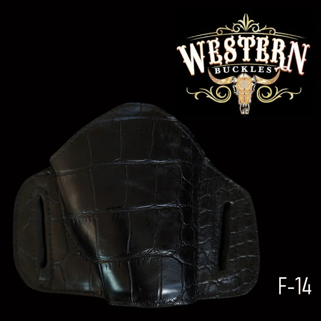Black leather western gun holster with textured design, belt slots, and F-14 label