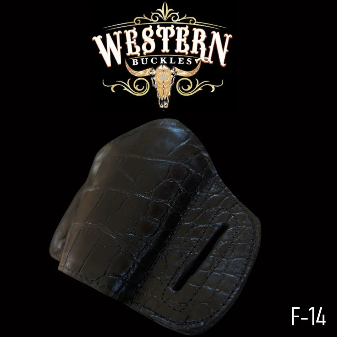 Black western-style leather holster with crocodile pattern, F-14 model, on black background.