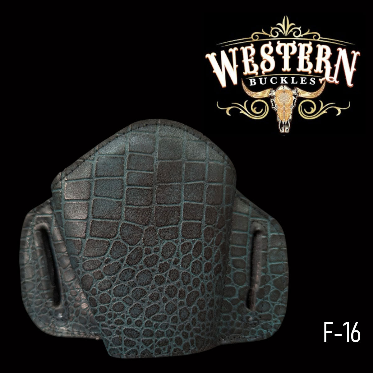Textured black leather gun holster with alligator pattern, Western Buckles, F-16 model.