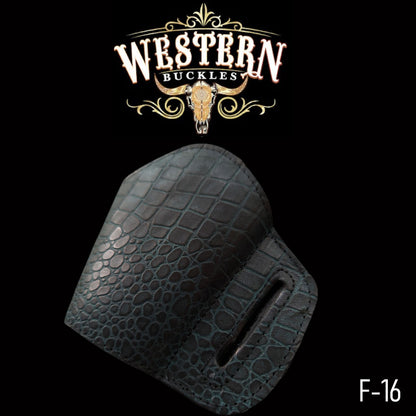 Black textured leather gun holster with belt slot, Western style, model F-16.