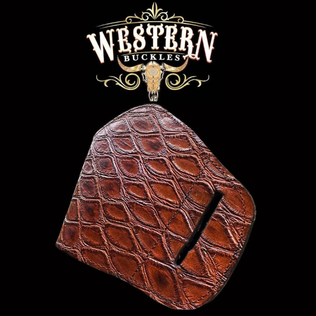 Brown tooled leather gun grip with diamond pattern for Colt 1911, Western style