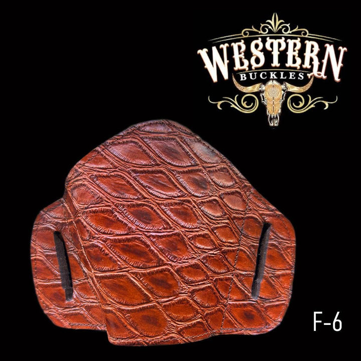 Brown leather pistol holster with embossed pattern, western style, product code F-6