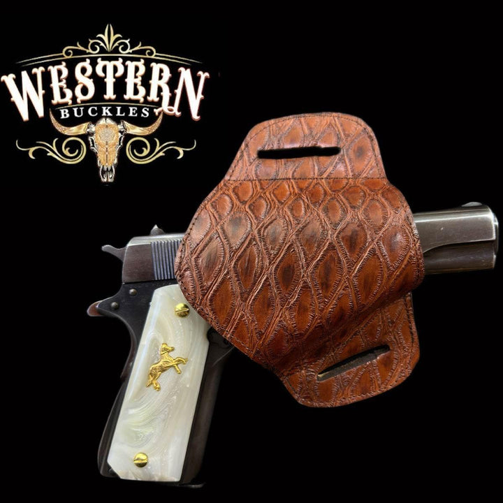Colt 1911 pistol with custom white grip and brown leather holster, Western Buckles logo