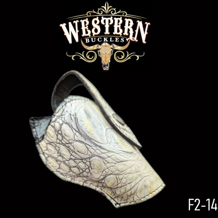 Western style textured leather pistol holster in light beige with engraved pattern, product code F2-14.