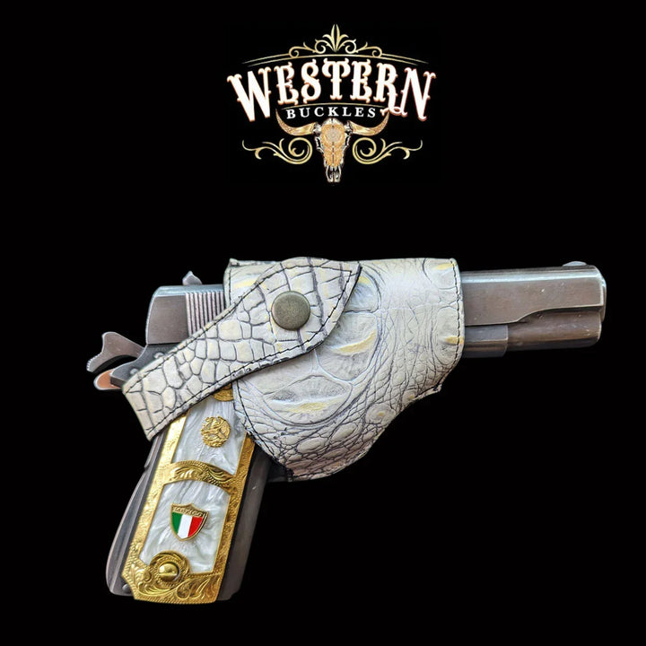 Custom Colt 1911 pistol with ornate grips and leather holster on black background