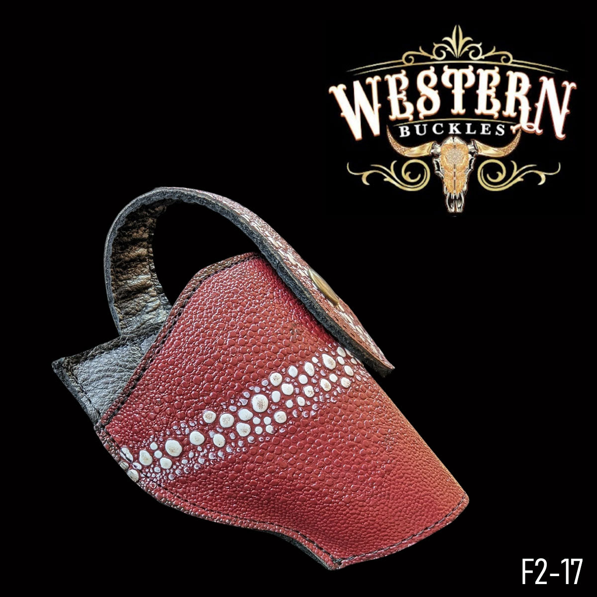 Red textured leather gun holster with white accent, western accessories style, F2-17 model.