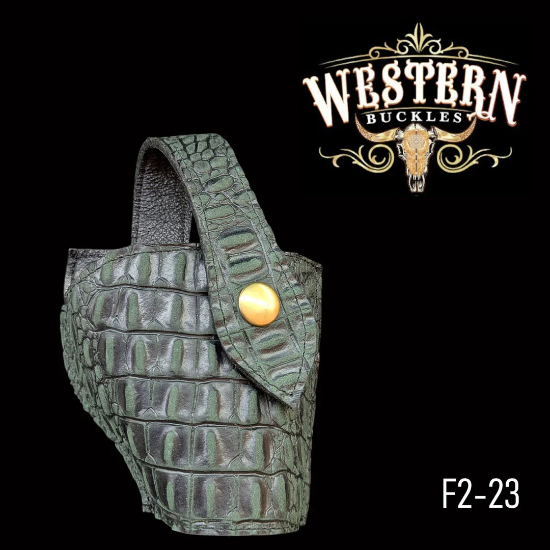 Green crocodile-pattern leather holster with gold snap, western style, F2-23 model.