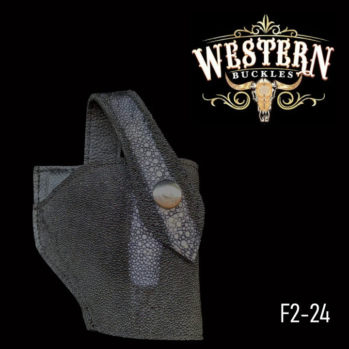 Textured black leather western holster with snap closure, product code F2-24 on black background