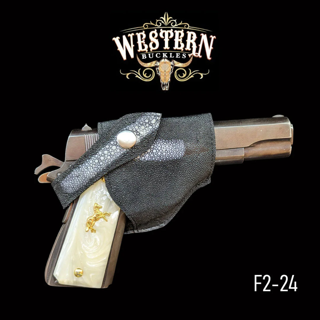 Colt 1911 pistol with custom ivory-style grip, gold detail, and textured black holster