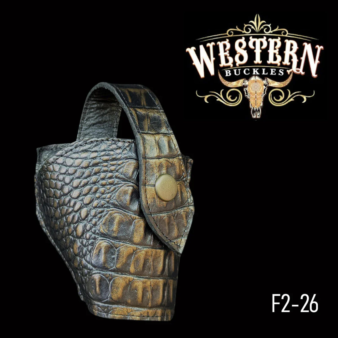 Brown crocodile textured leather western holster with snap button, code F2-26.