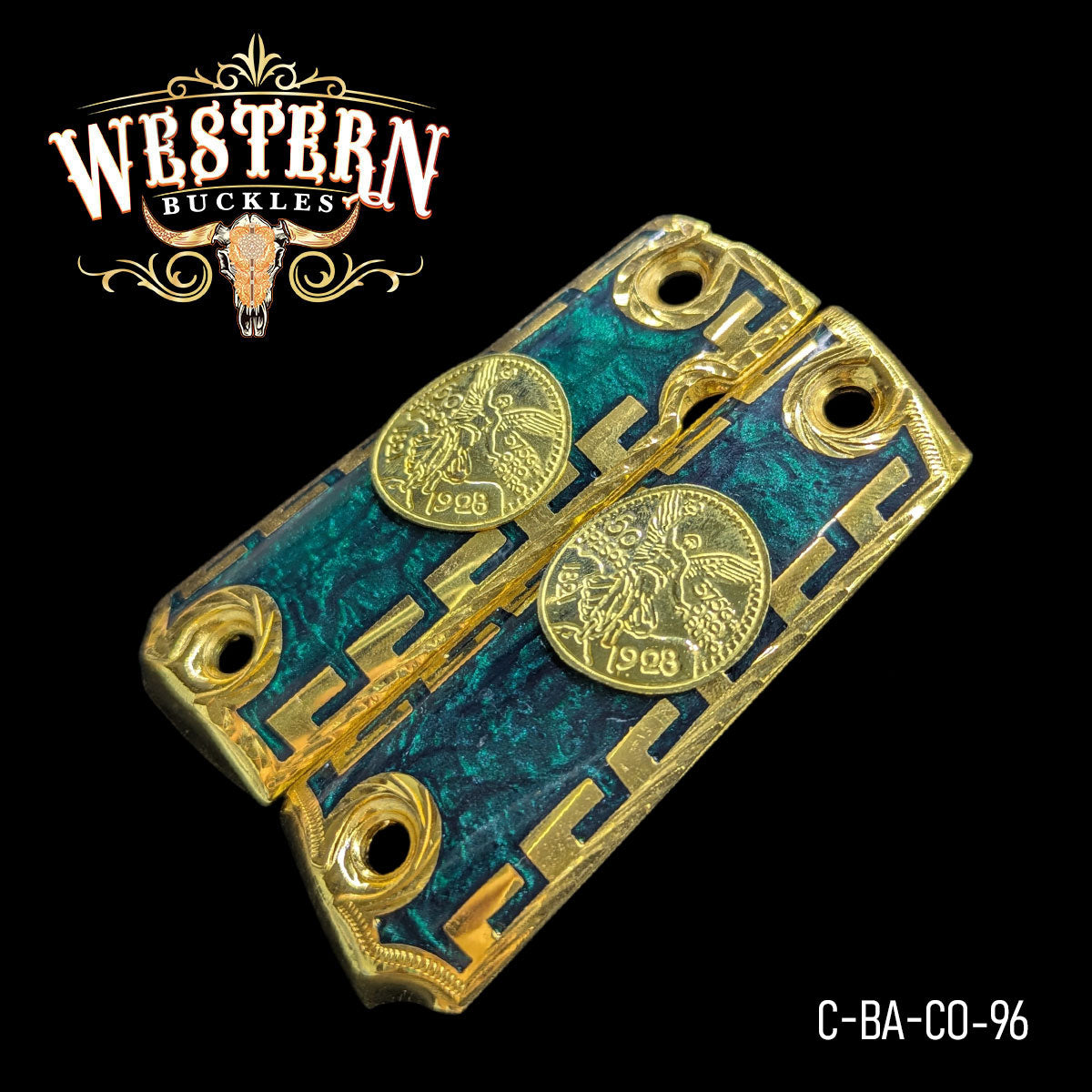 Custom Colt 1911 pistol grips with gold accents, turquoise texture, and centenario inlays.