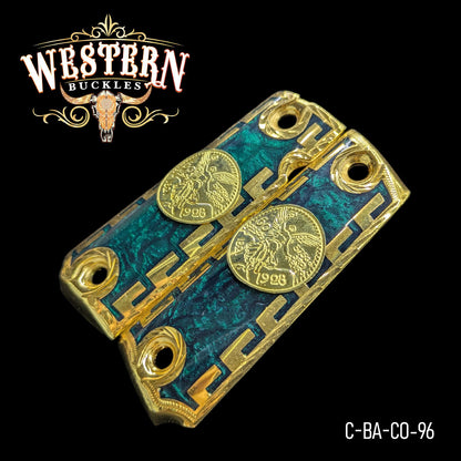 Custom Colt 1911 pistol grips with gold accents, turquoise texture, and centenario inlays.