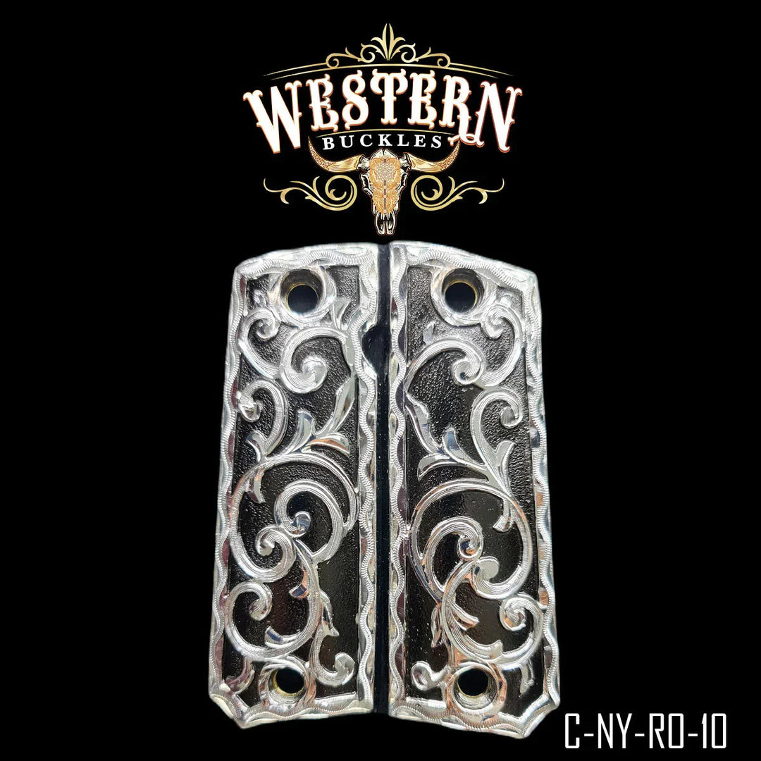 Full Size 1911 Grips Engraving Silver and Black
