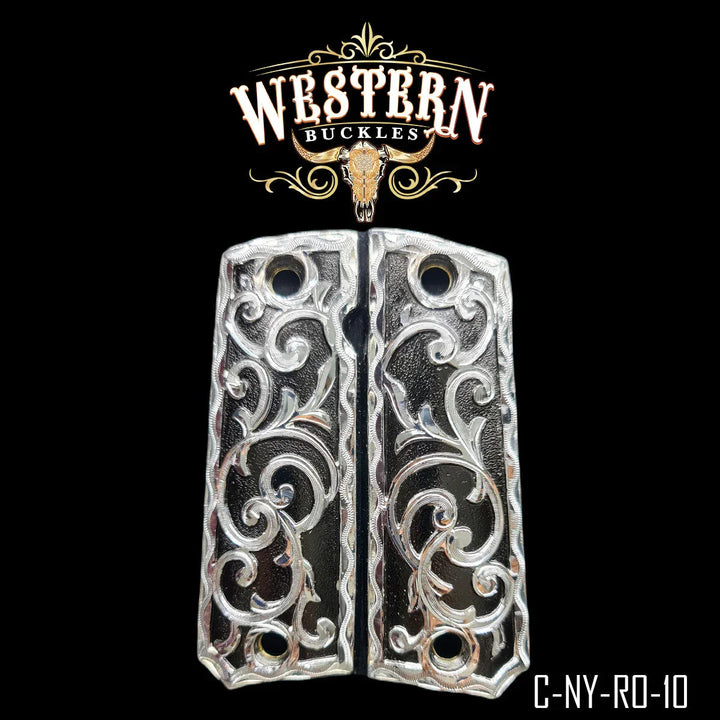 Full Size 1911 Grips Engraving Silver and Black