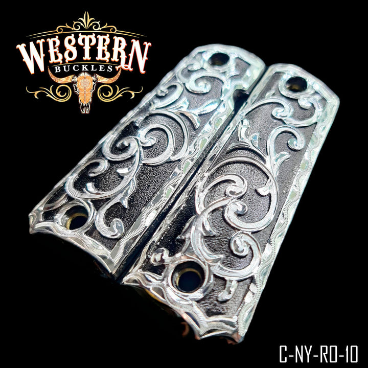 Full Size 1911 Grips Engraving Silver and Black