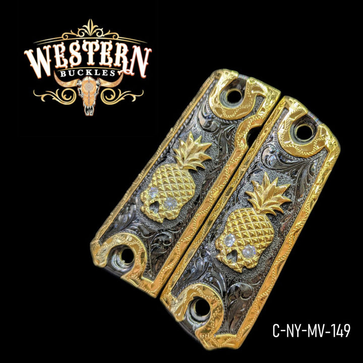 Full Size 1911 Pineapple Skull Black and Gold Plated-The Western Buckles