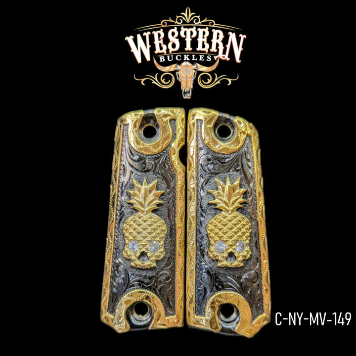 Full Size 1911 Pineapple Skull Black and Gold Plated-The Western Buckles
