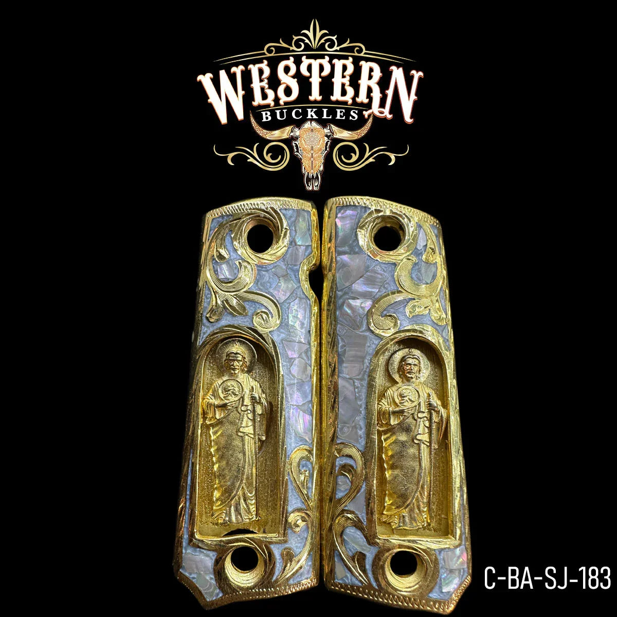 San Judas 1911 Grips · Mother-of-Pearl & 24K Gold – Western