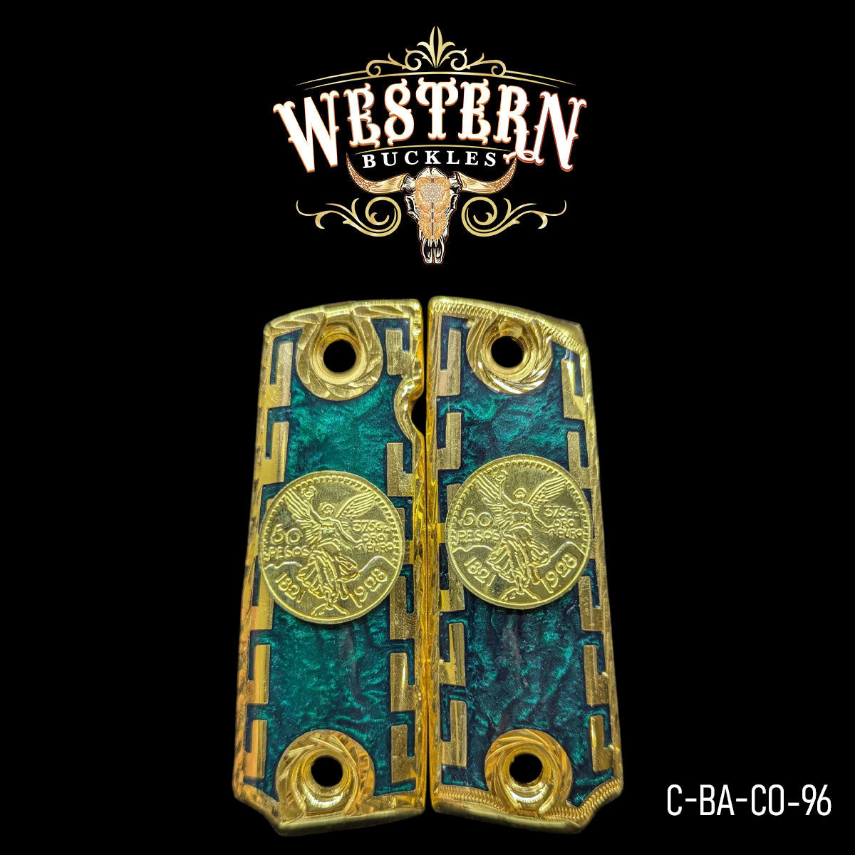 Custom Colt 1911 pistol grips with gold accents, turquoise inlay, and coin design detail.