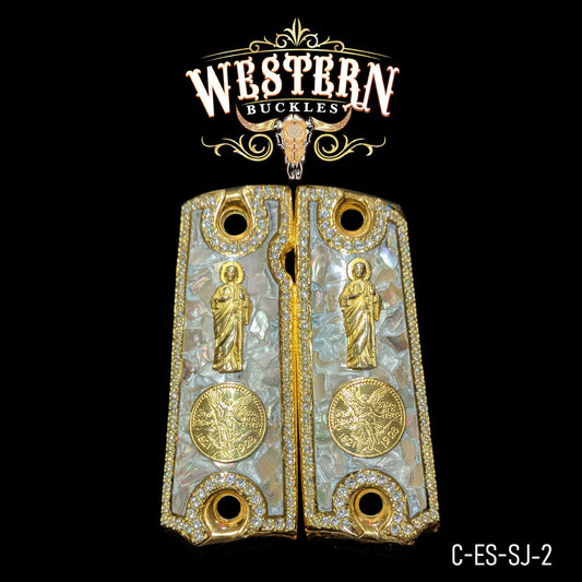 Custom Colt 1911 pistol grips with gold Saint Jude and coin details, pearl and crystal accents