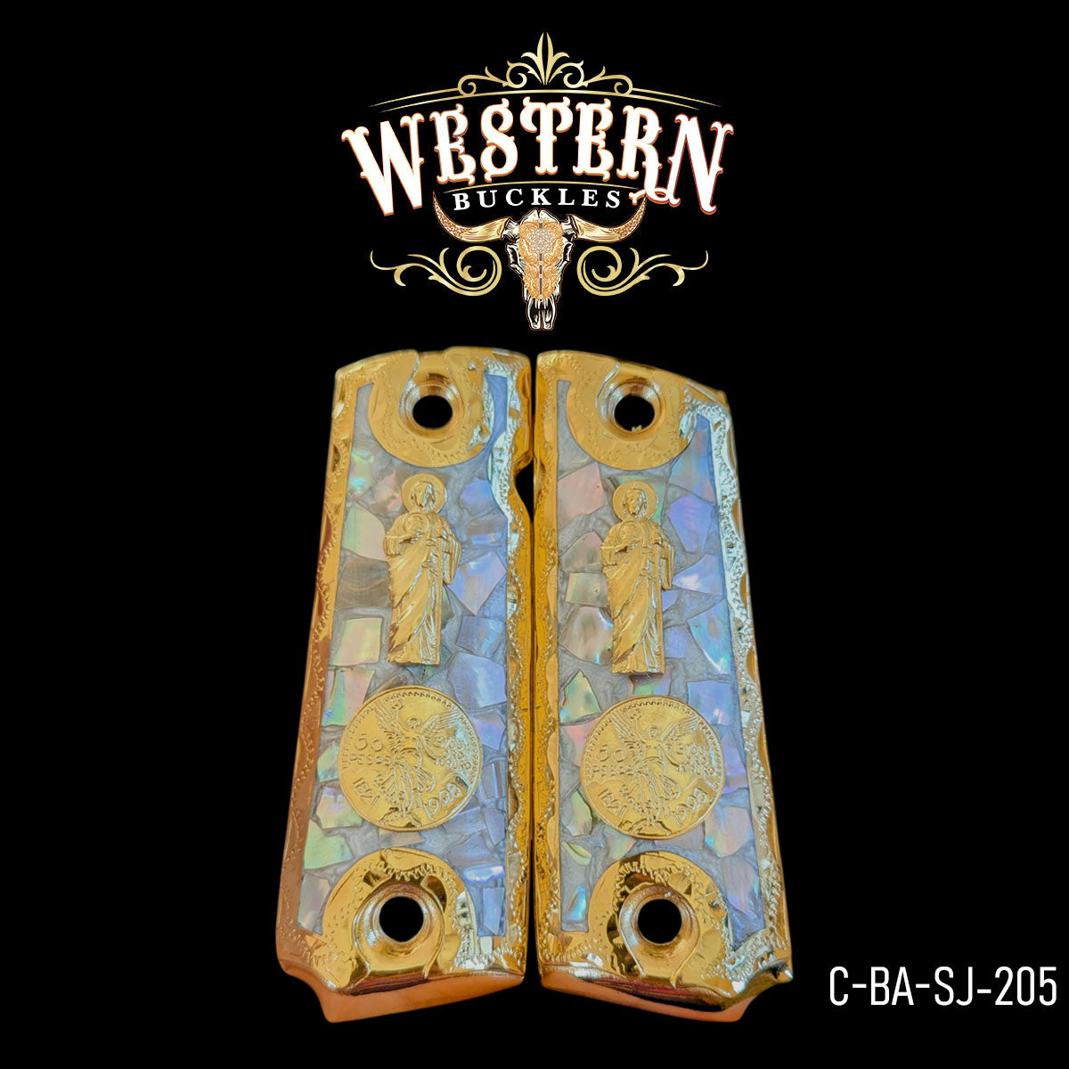 Custom Colt 1911 pistol grips with gold and mother of pearl design, engraved saint and coin details