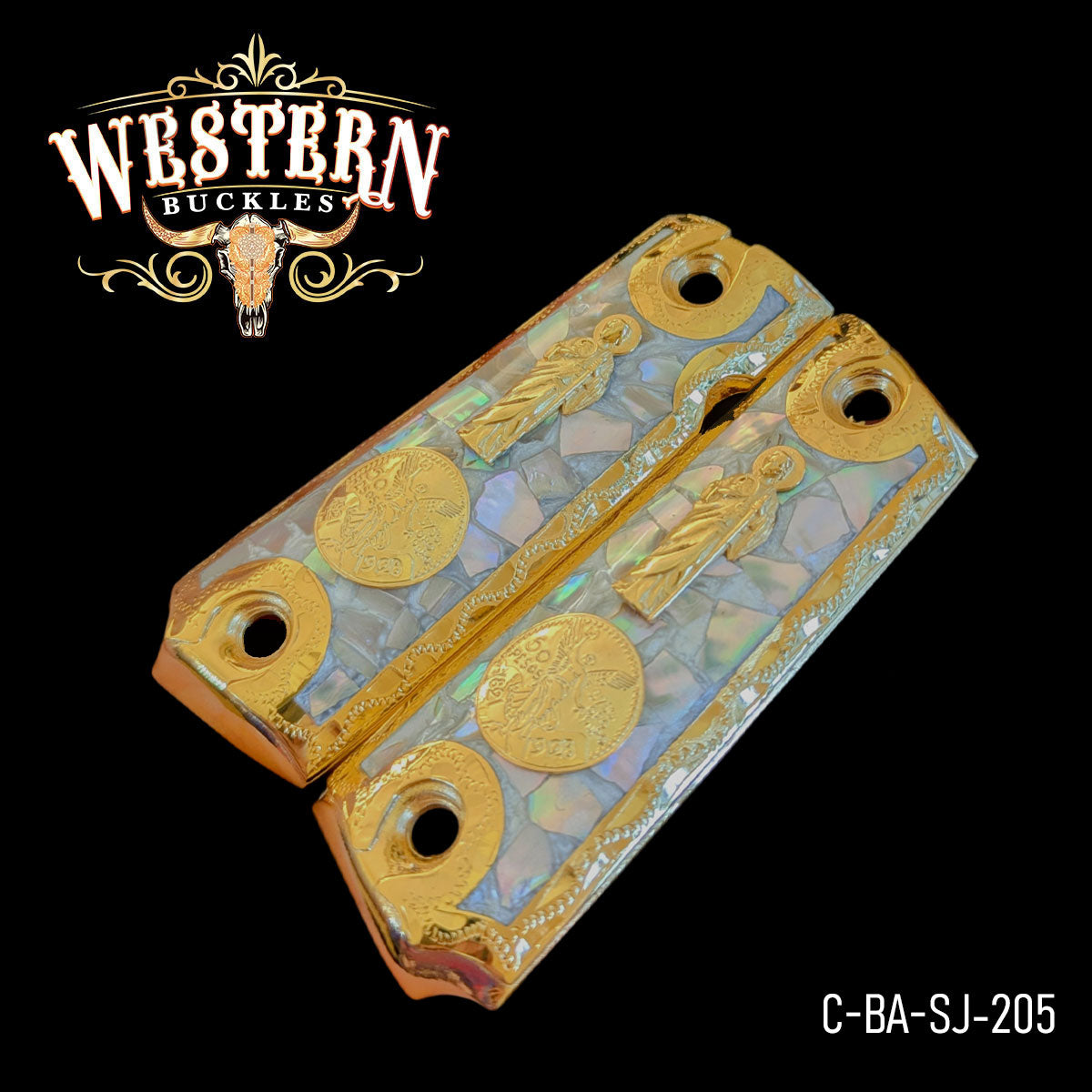 Gold and abalone Colt 1911 pistol grips with saint and coin design, custom gun accessories.