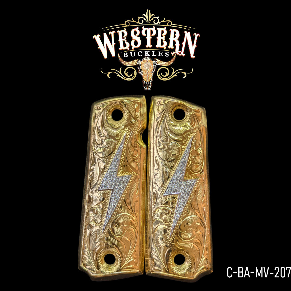 Gold engraved Colt 1911 pistol grips with silver lightning bolt design