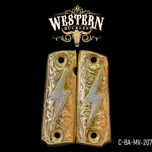 Gold engraved Colt 1911 pistol grips with silver lightning bolt design