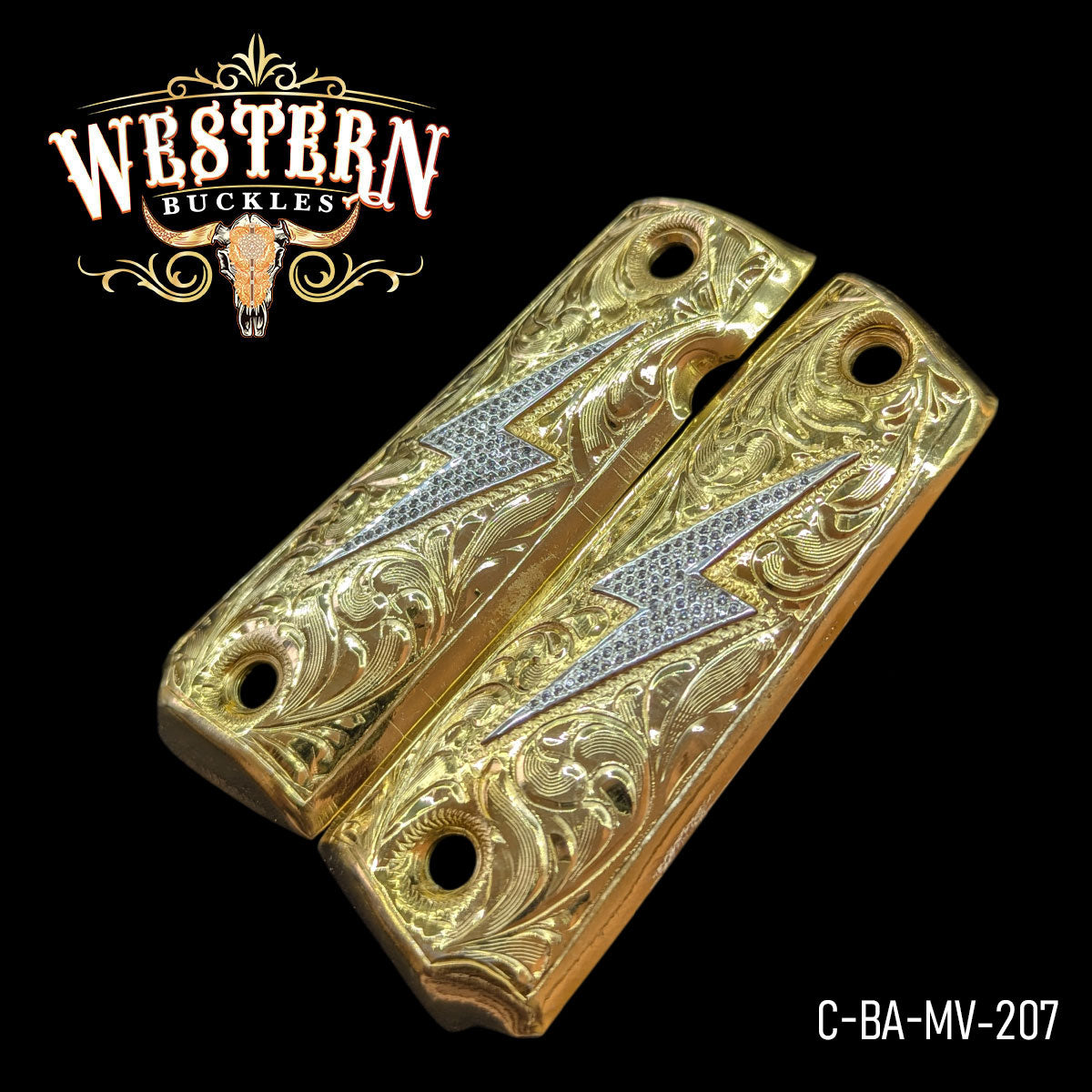 Gold engraved Colt 1911 pistol grips with lightning bolt design, decorative gun accessories