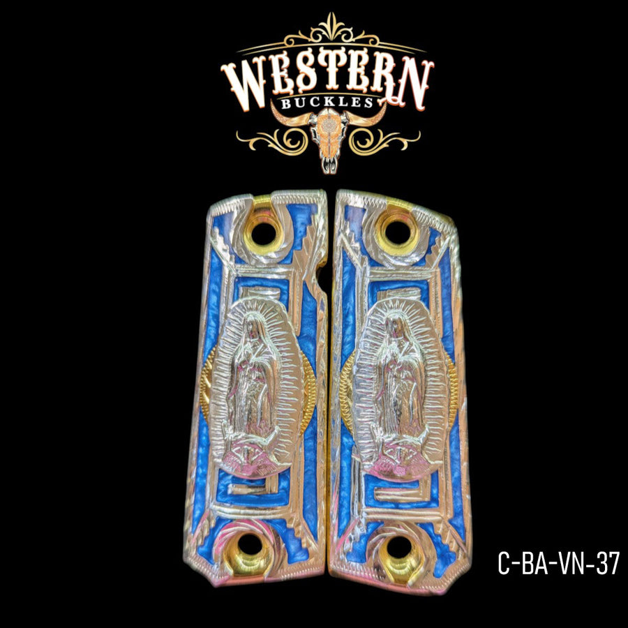 Virgin Mary Grips for Colt 1911 Full-Size — Silver-Plated on Blue Resin