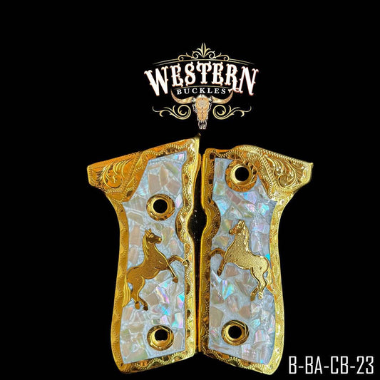 Gold and pearl custom 1911 pistol grips with engraved horse design, western style accessory