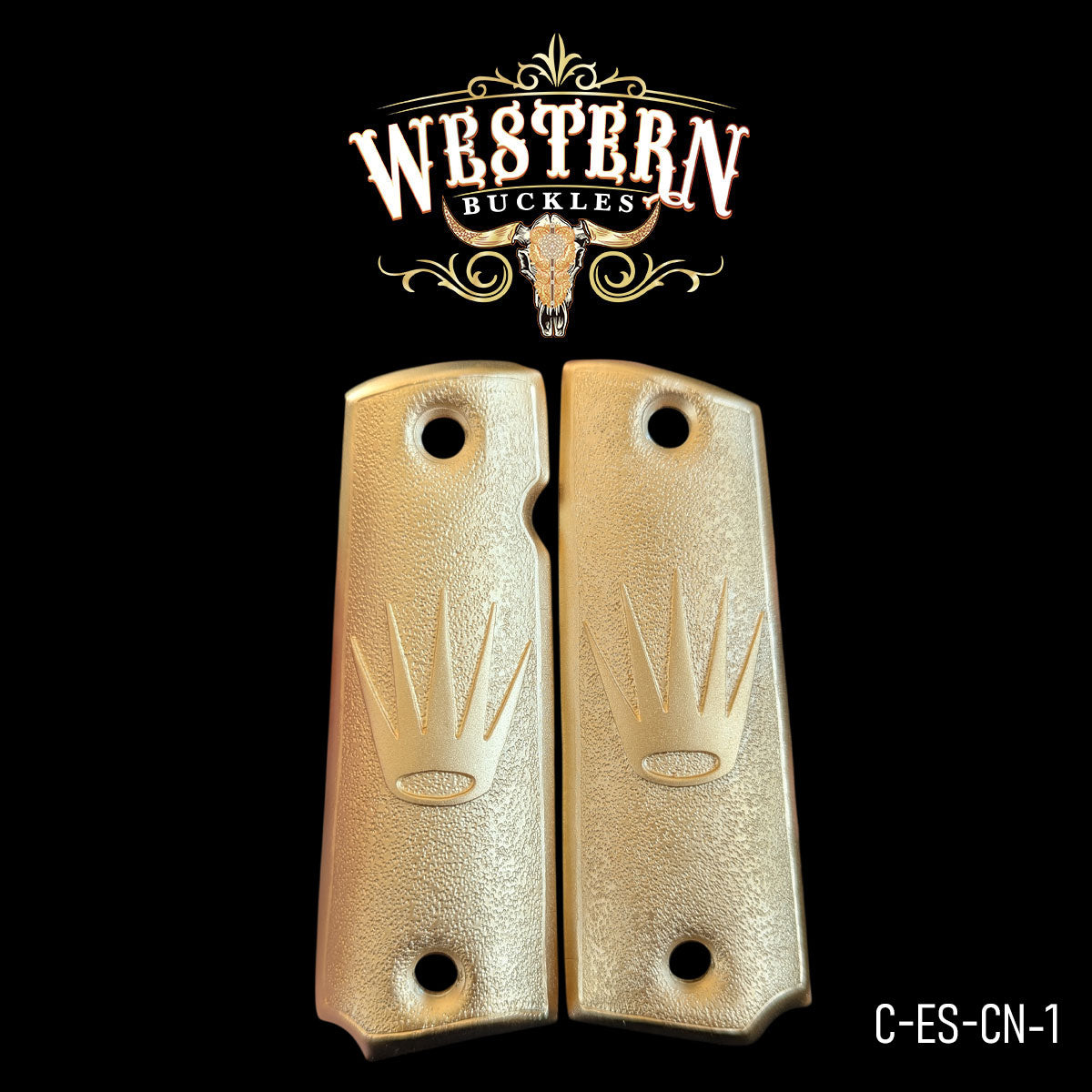 Textured gold Colt 1911 grips with engraved crown design, custom pistol grip panels.
