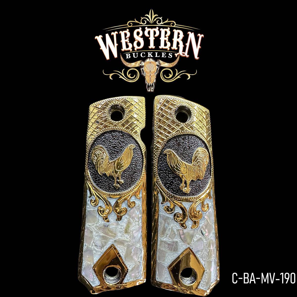 Cacha Colt Gallo Oro y Resina con Concha - Western Buckles