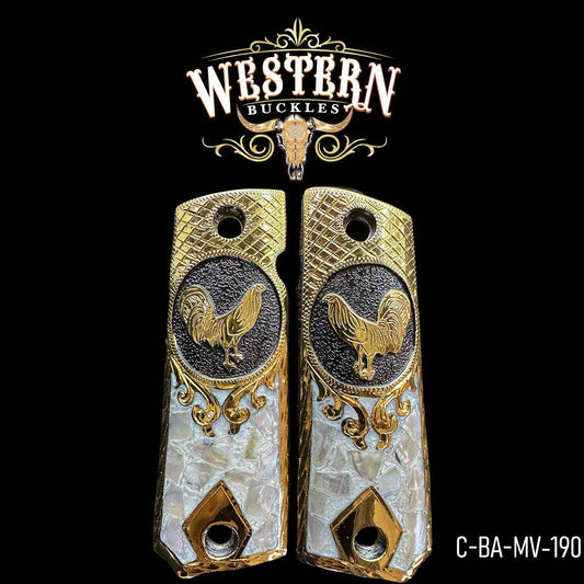 Cacha Colt Gallo Oro y Resina con Concha - Western Buckles