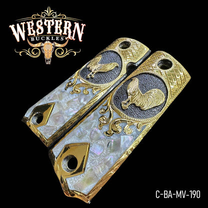 Cacha Colt Gallo Oro y Resina con Concha - Western Buckles
