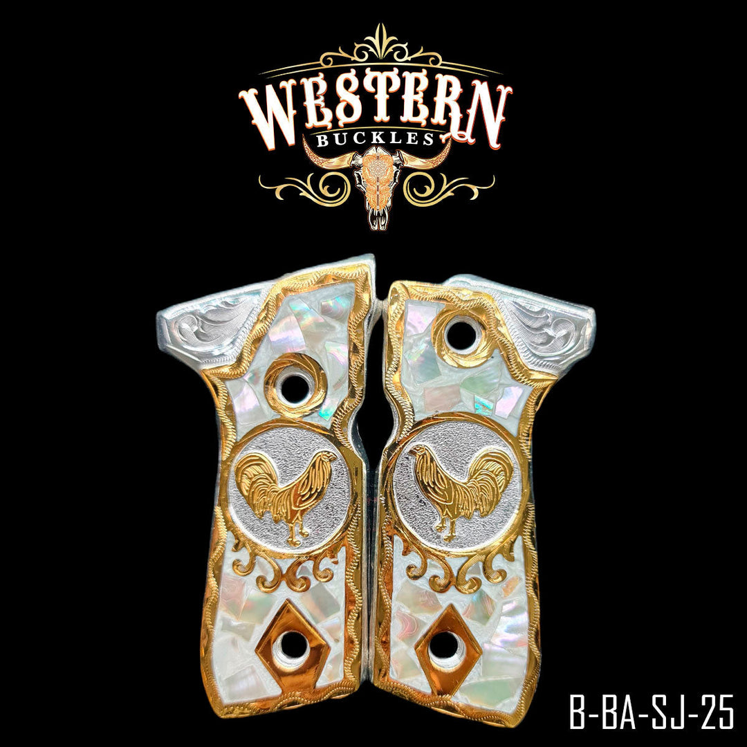 Gallo (Rooster) Custom Grips for Beretta 92FS — 24K Gold-Plated &amp; Silver-Plated with Mother-of-Pearl &amp; Artisan Resin