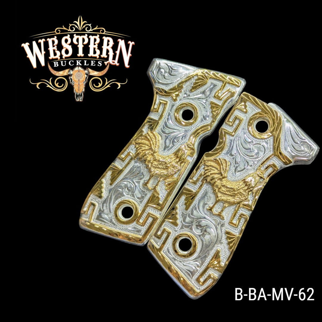 Gallo (Rooster) Custom Grips for Beretta 92FS — 24K Gold-Plated &amp; Silver-Plated