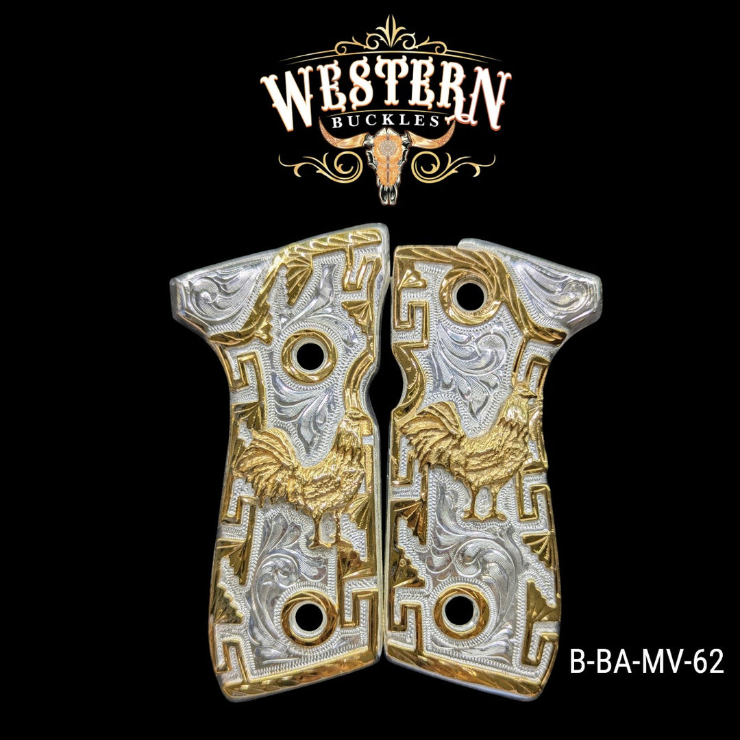Gallo (Rooster) Custom Grips for Beretta 92FS — 24K Gold-Plated &amp; Silver-Plated