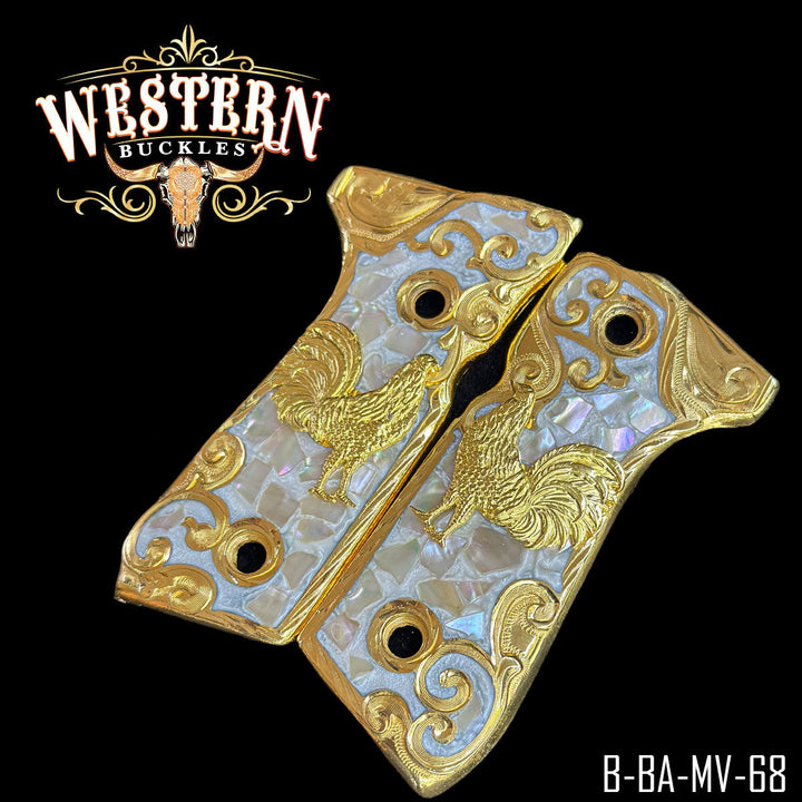 Gallo (Rooster) Custom Grips for Beretta 92FS — 24K Gold-Plated &amp; Silver-Plated with Mother-of-Pearl &amp; Artisan Resin