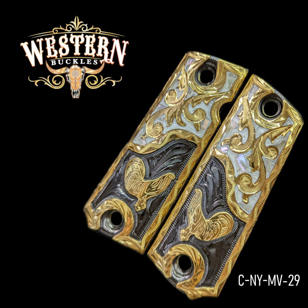 Gallo (Rooster) Custom Grips for Colt 1911 Full-Size — 24K Gold-Plated &amp; Silver-Plated with Mother-of-Pearl &amp; Artisan Resin