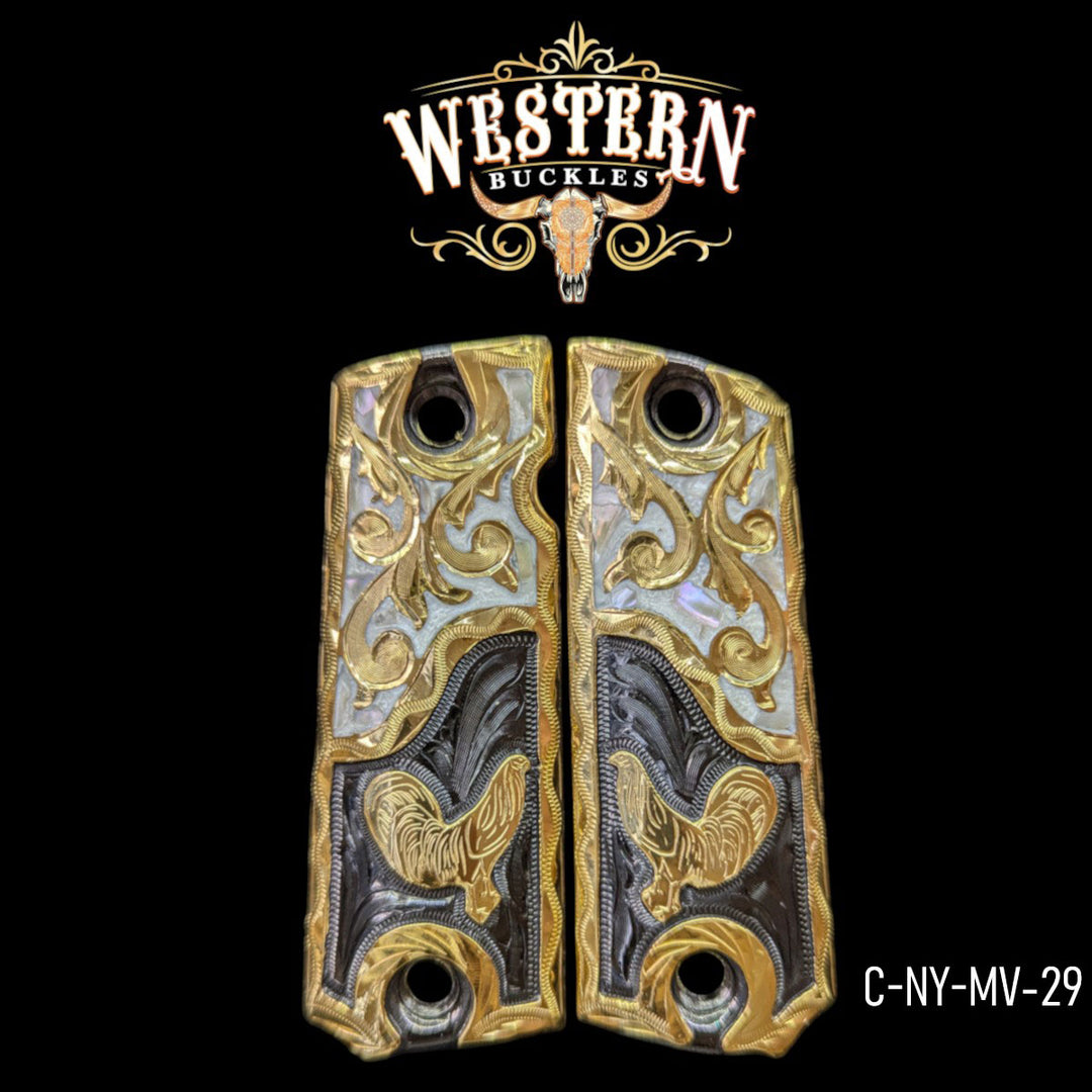 Gallo (Rooster) Custom Grips for Colt 1911 Full-Size — 24K Gold-Plated &amp; Silver-Plated with Mother-of-Pearl &amp; Artisan Resin
