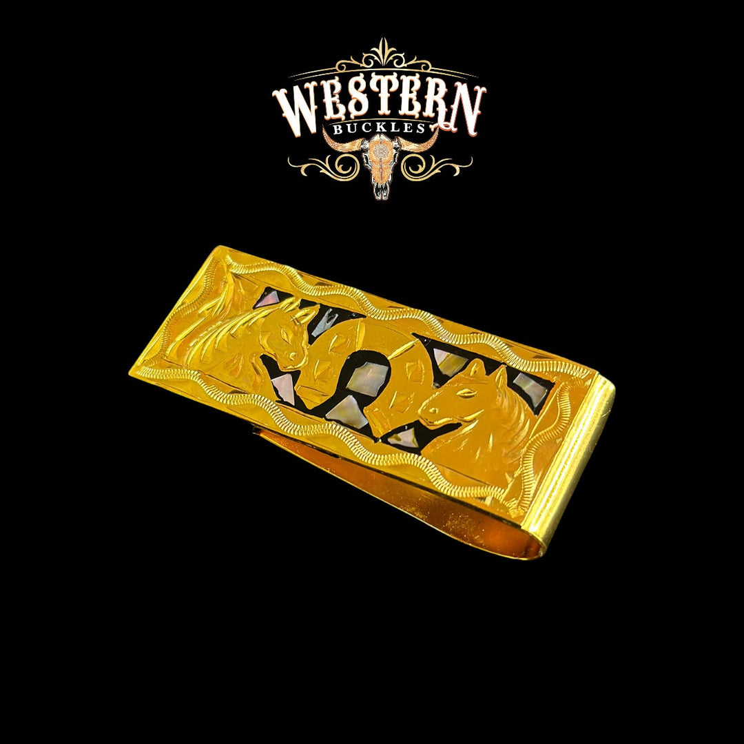 Gold Plated Horse Black Resin Money Clip-The Western Buckles