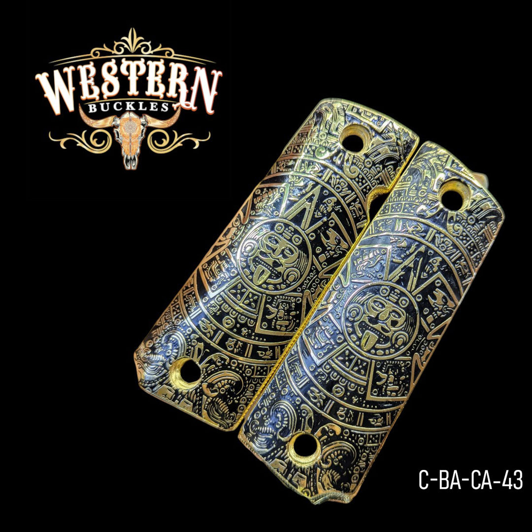 Full-face Aztec calendar Colt 1911 grips in 24K gold-plated relief