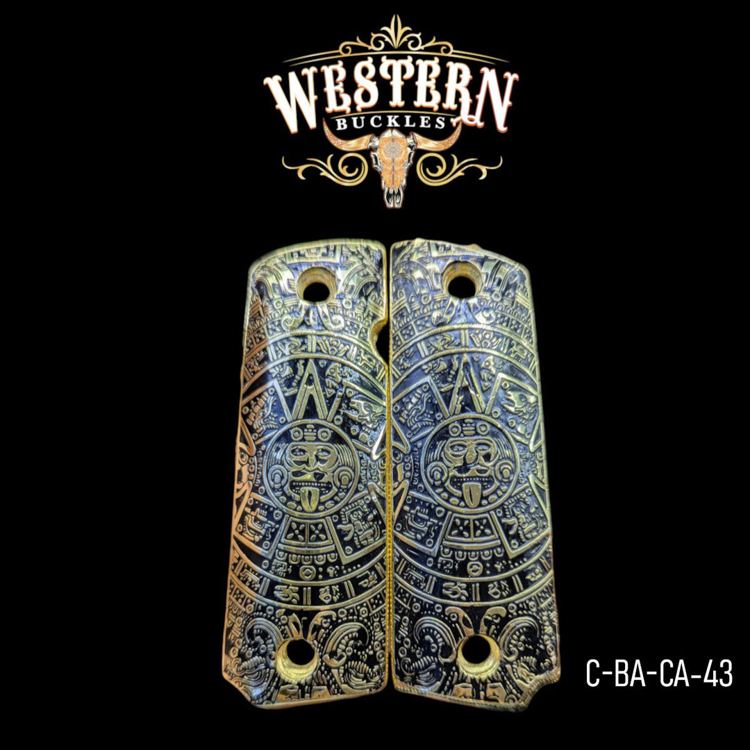 Full-face Aztec calendar Colt 1911 grips in 24K gold-plated relief
