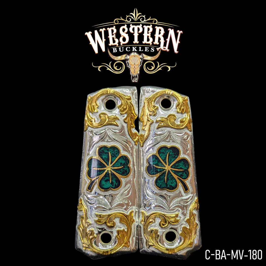 Grips for Full Size 1911 Clover Silver and Gold Plated-The Western Buckles