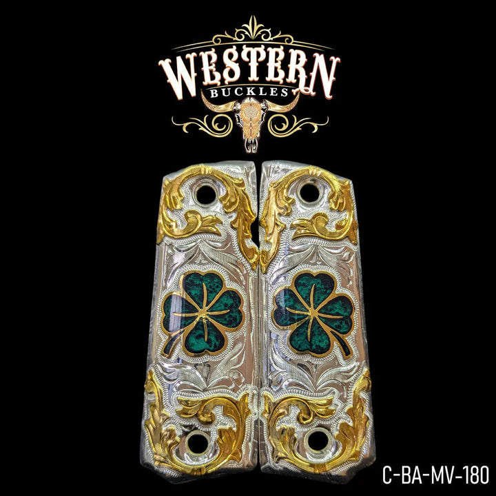 Grips for Full Size 1911 Clover Silver and Gold Plated-The Western Buckles