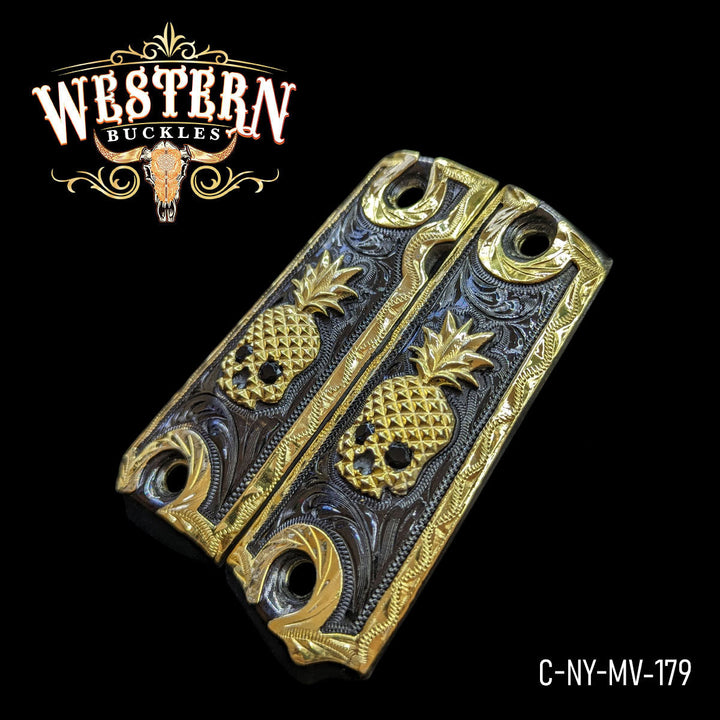 Grips for Full Size 1911 Pineapple Skull Gold and Zircoins