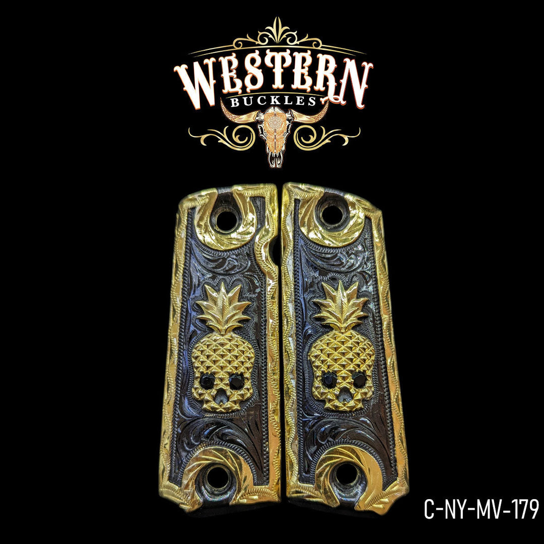 Grips for Full Size 1911 Pineapple Skull Gold and Zircoins